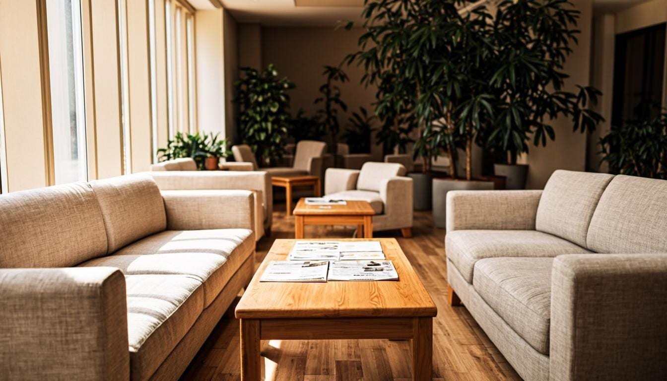 Salon de așteptare primitor, cu canapele beige, plante și lumină naturală — confort pentru pacienți (imagine editorială)