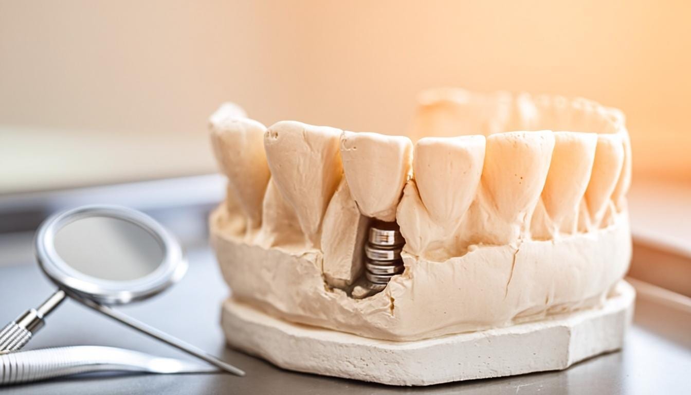 Model dentar cu implant expus, oglindă și sondă — componentele implantului dentar (imagine editorială)