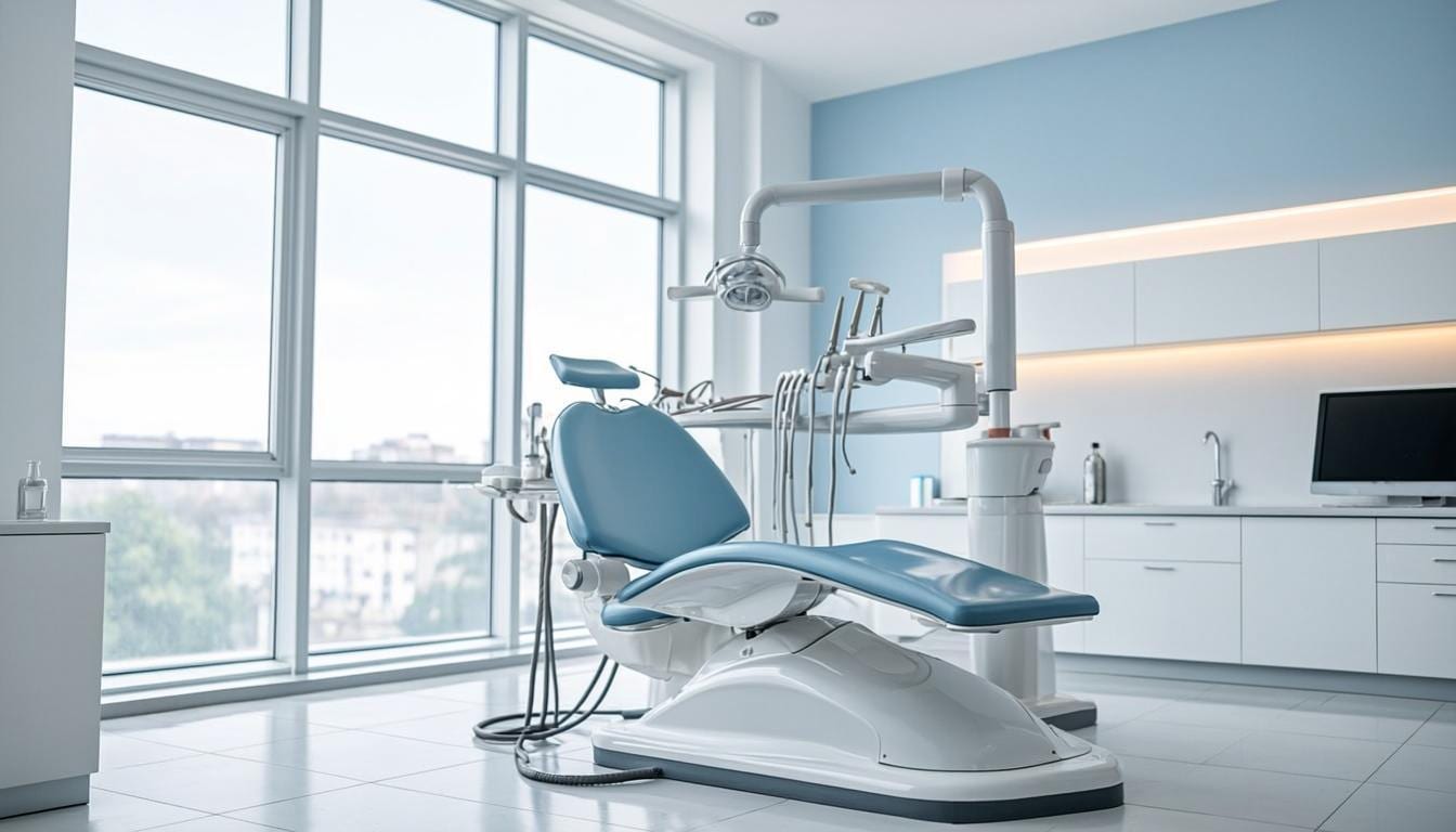 Cabinet stomatologic modern, luminos, cu unit dentar alb-albastru și ferestre mari — atmosferă calmă și curată (imagine editorială)