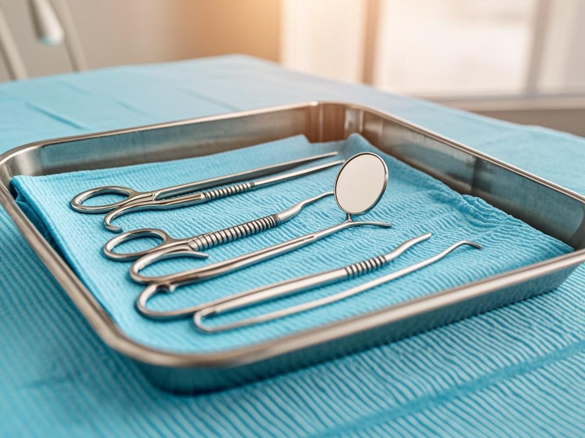 Tavă sterilă cu instrumentar chirurgical stomatologic, pe câmp albastru curat — chirurgie orală (imagine editorială)