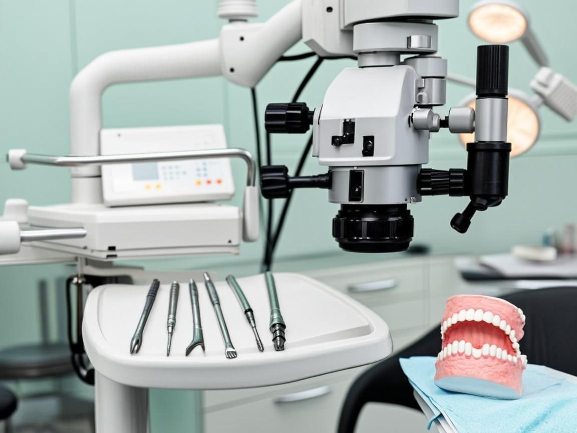 Microscop operatoriu și instrumentar endodontic aranjate curat — tratament de canal (imagine editorială)