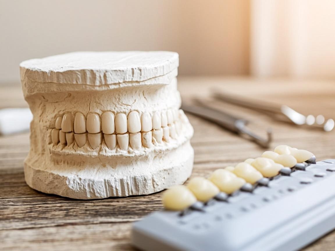 Model dentar cu design de zâmbet, ghid de nuanțe și instrumente fine — estetică dentară generală (imagine editorială)