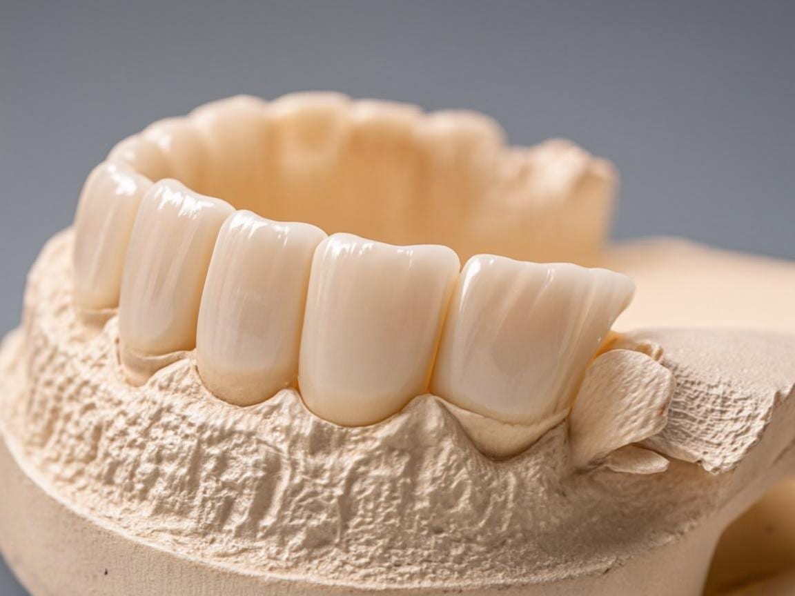 Model dentar cu fațete ceramice — estetică dentară și ceramică translucidă (imagine editorială)
