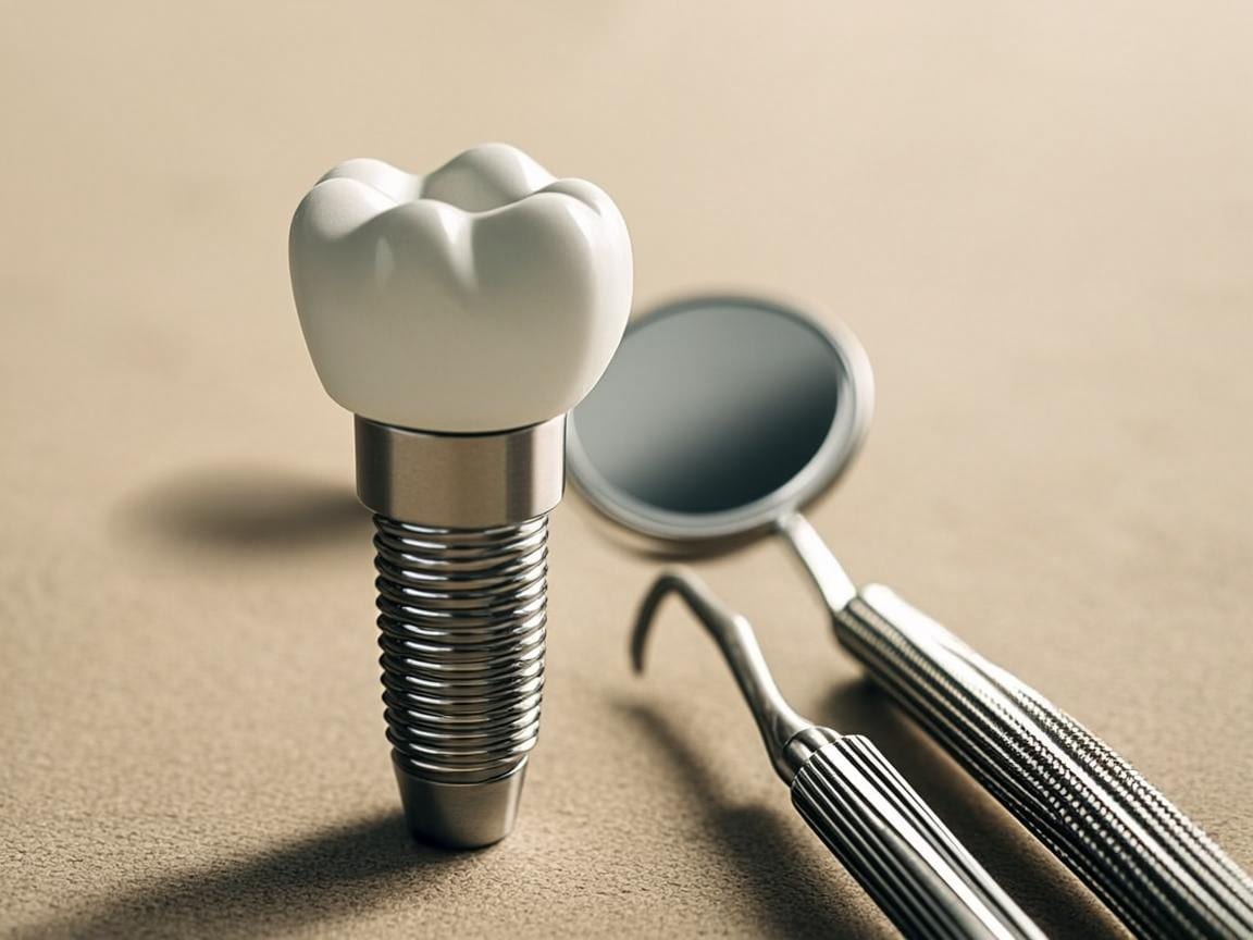 Implant dentar cu bont și coroană, alături de instrumente medicale — prezentare tehnică (imagine editorială)