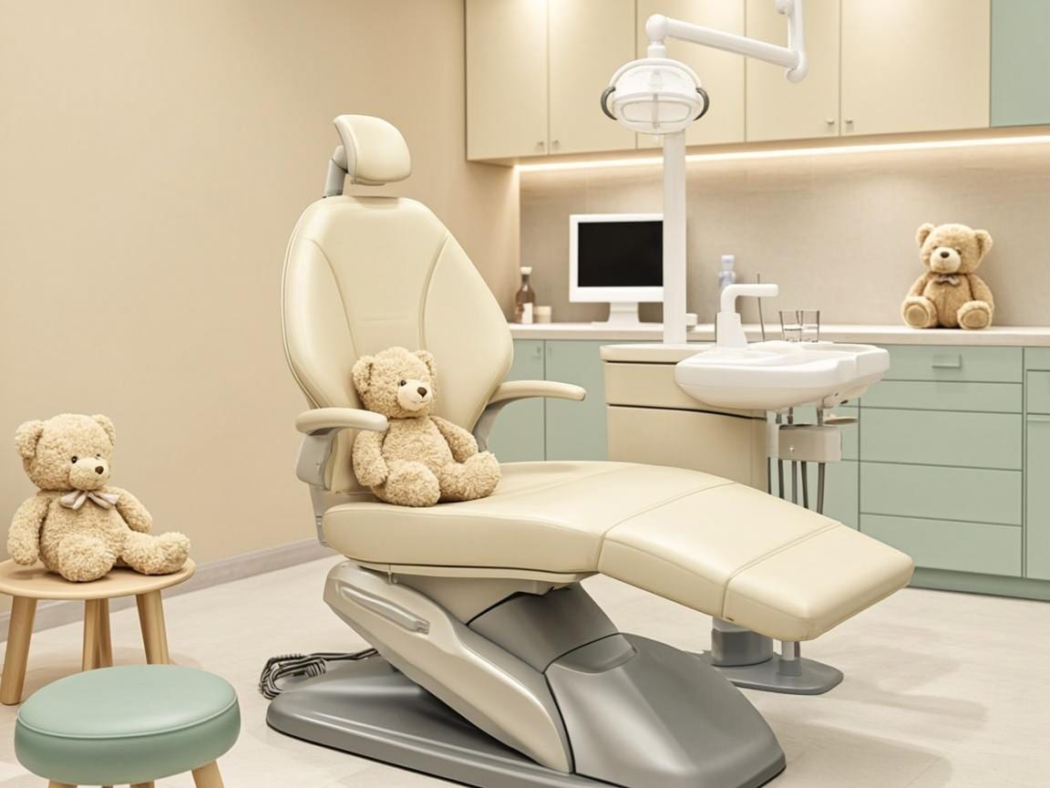 Cabinet stomatologic pentru copii, cu decor prietenos și culori blânde — stomatologie pediatrică (imagine editorială)