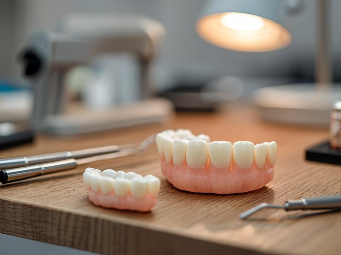 Coroane ceramice și lucrare protetică pe bancul de lucru tehnic — protetică dentară (imagine editorială)